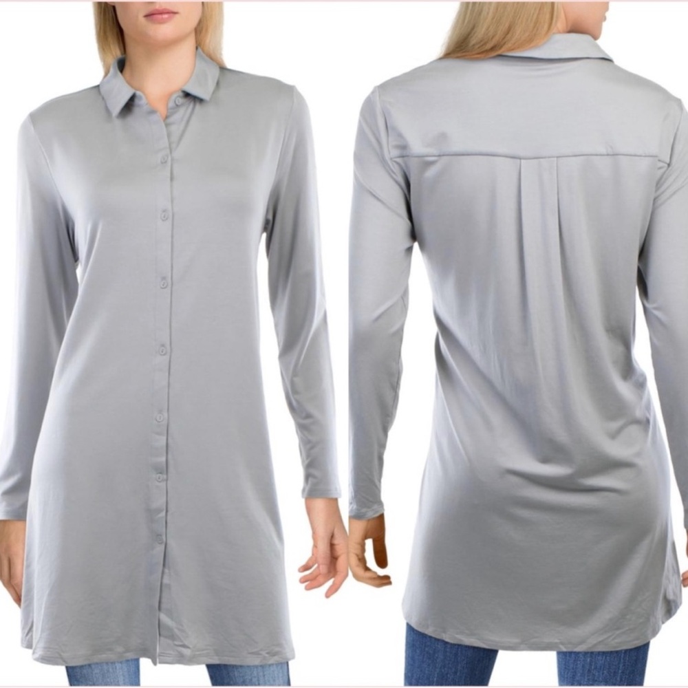 EILEEN FISHER Womens Gray Stretch Long Sleeve Collared Wear To Work Tunic Top M